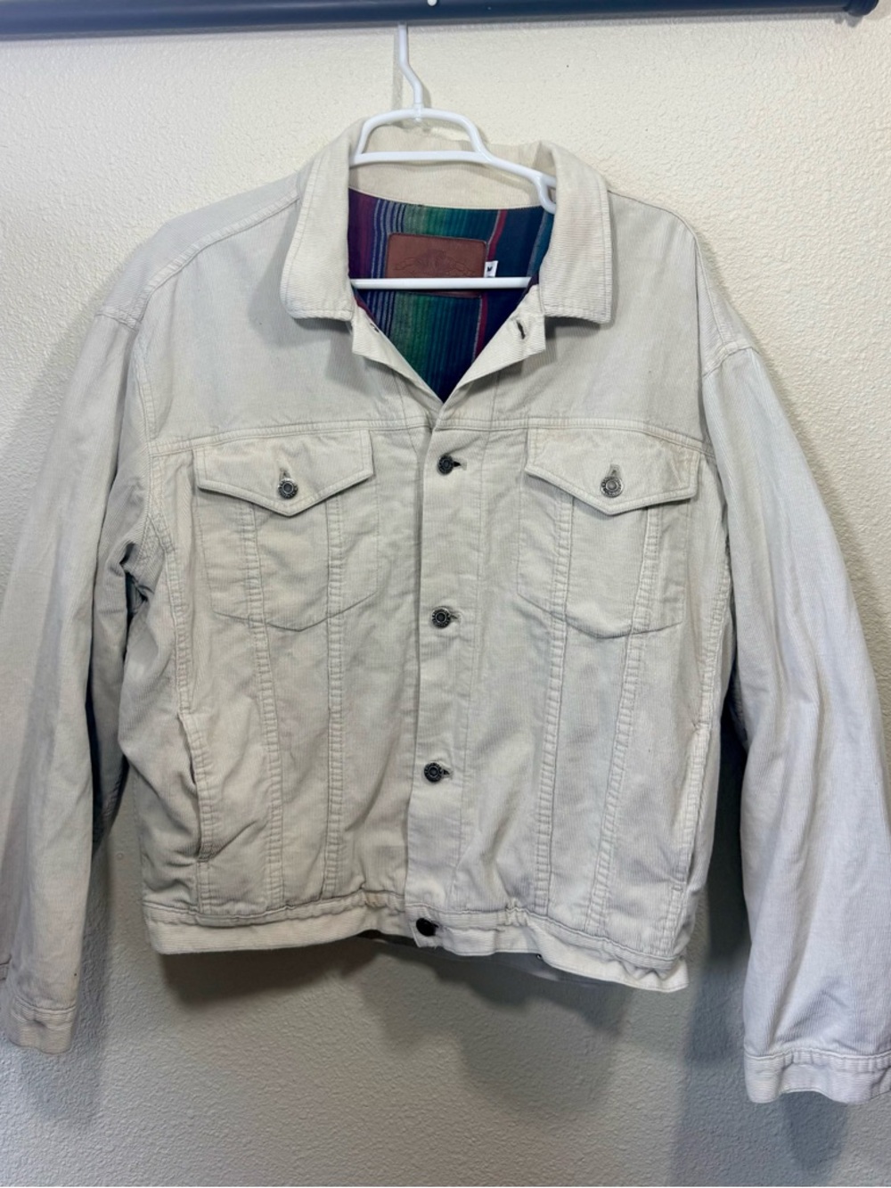 Smythe Cream Denim Trucker Jacket with Colorful Lining 1980’s vintage